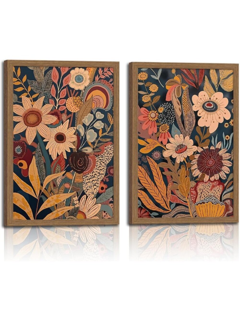 Set of 2 Orange Floral Canvas Wall Art - Bohemian Mid Century Decor for Home